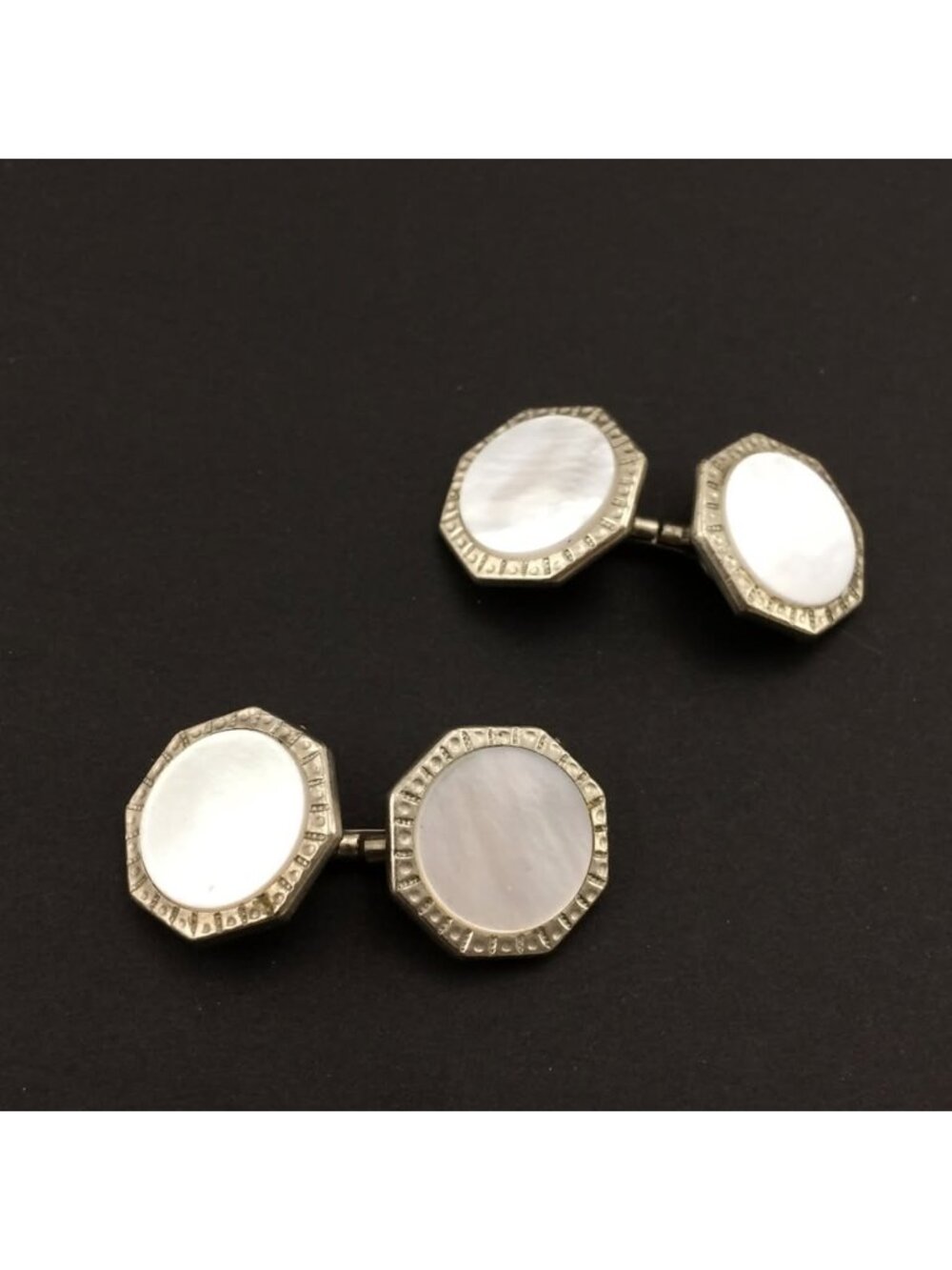 Antique Vintage Art Deco Era Hexagon Mother of Pearl Cufflinks Silvertone Metal